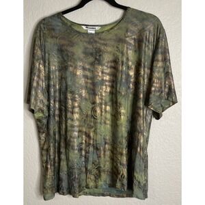 Nygard Womens 1X Green Gold Slinky Blouse Top Short Sleeve Paisley Fairy Boho